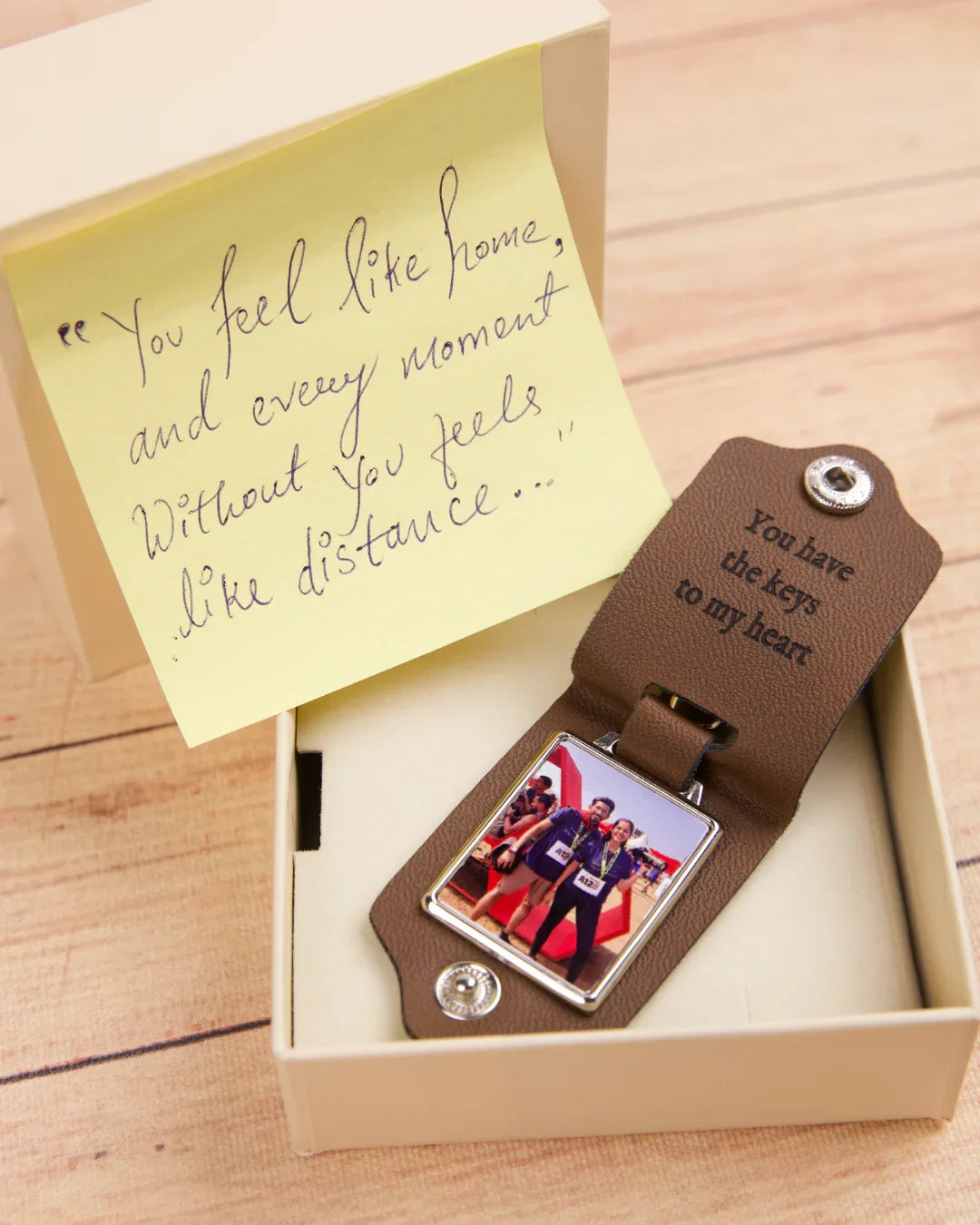Personalised Leather Memory Photo Keychain with Engraved Message
