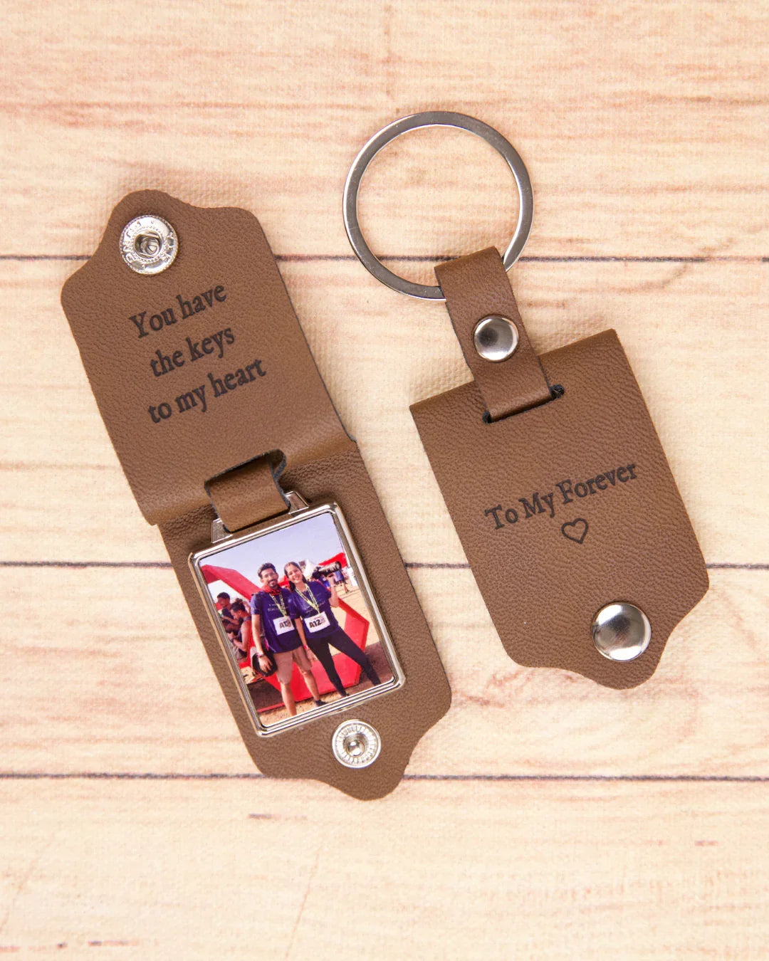 Personalised Leather Memory Photo Keychain with Engraved Message