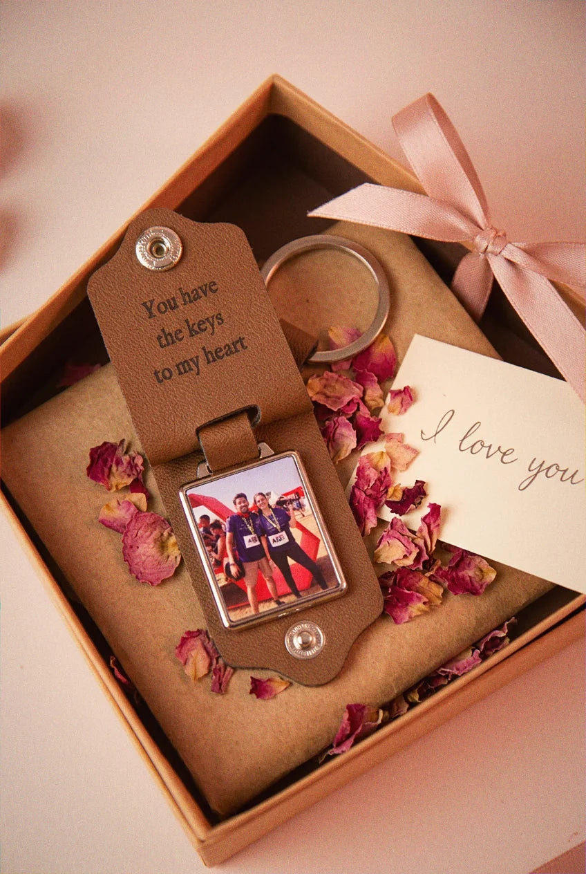 Personalised Leather Memory Photo Keychain with Engraved Message