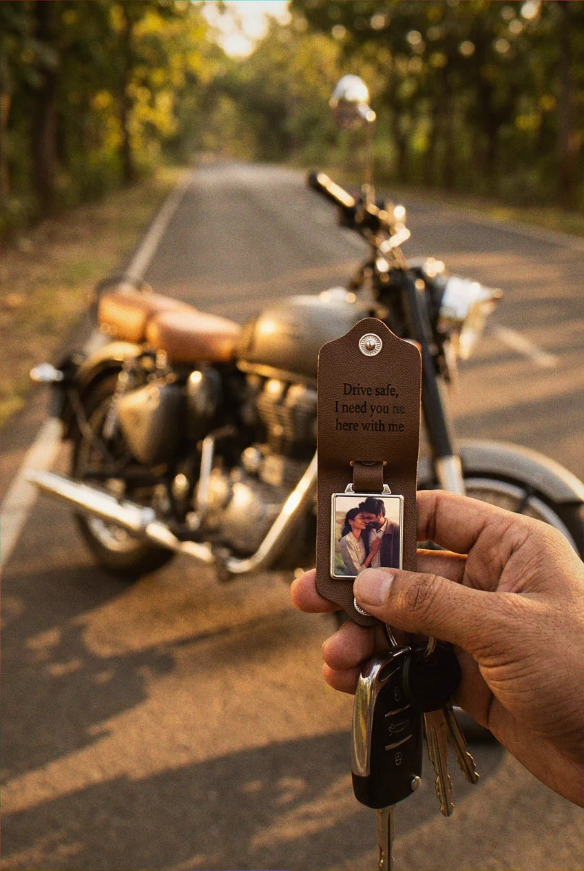 Personalised Leather Memory Photo Keychain with Engraved Message