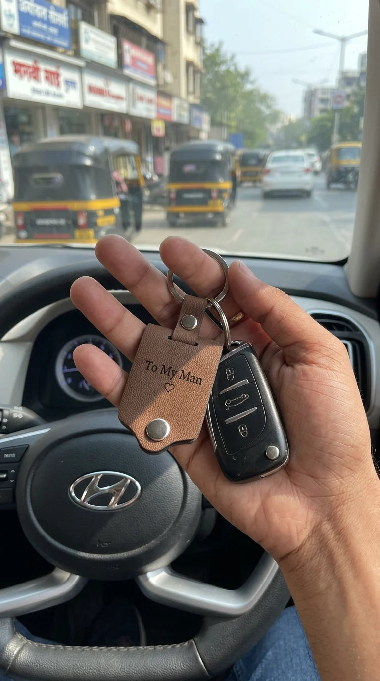 Personalised Leather Memory Photo Keychain with Engraved Message