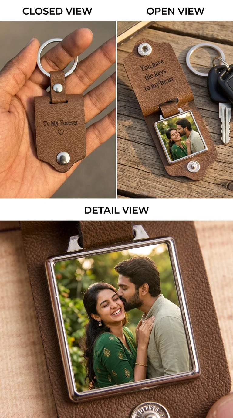 Personalised Leather Memory Photo Keychain with Engraved Message