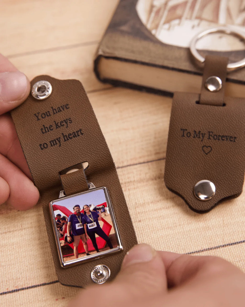 Personalised Leather Memory Photo Keychain with Engraved Message