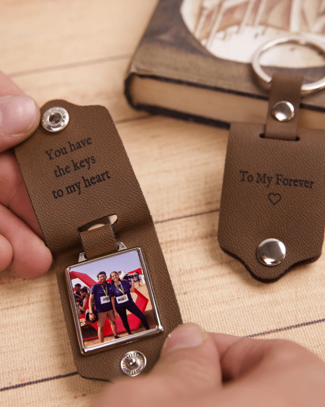 Personalised Leather Memory Photo Keychain with Engraved Message
